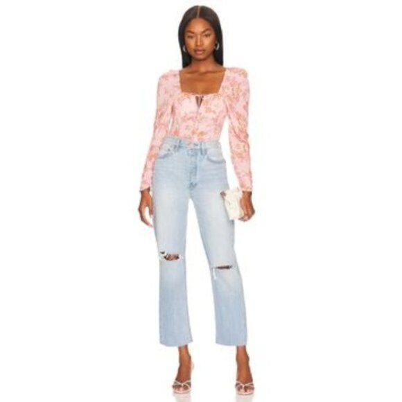 Free People Womens Hilary Printed Long Sleeve Pink Floral Top Medium - Picture 4 of 15